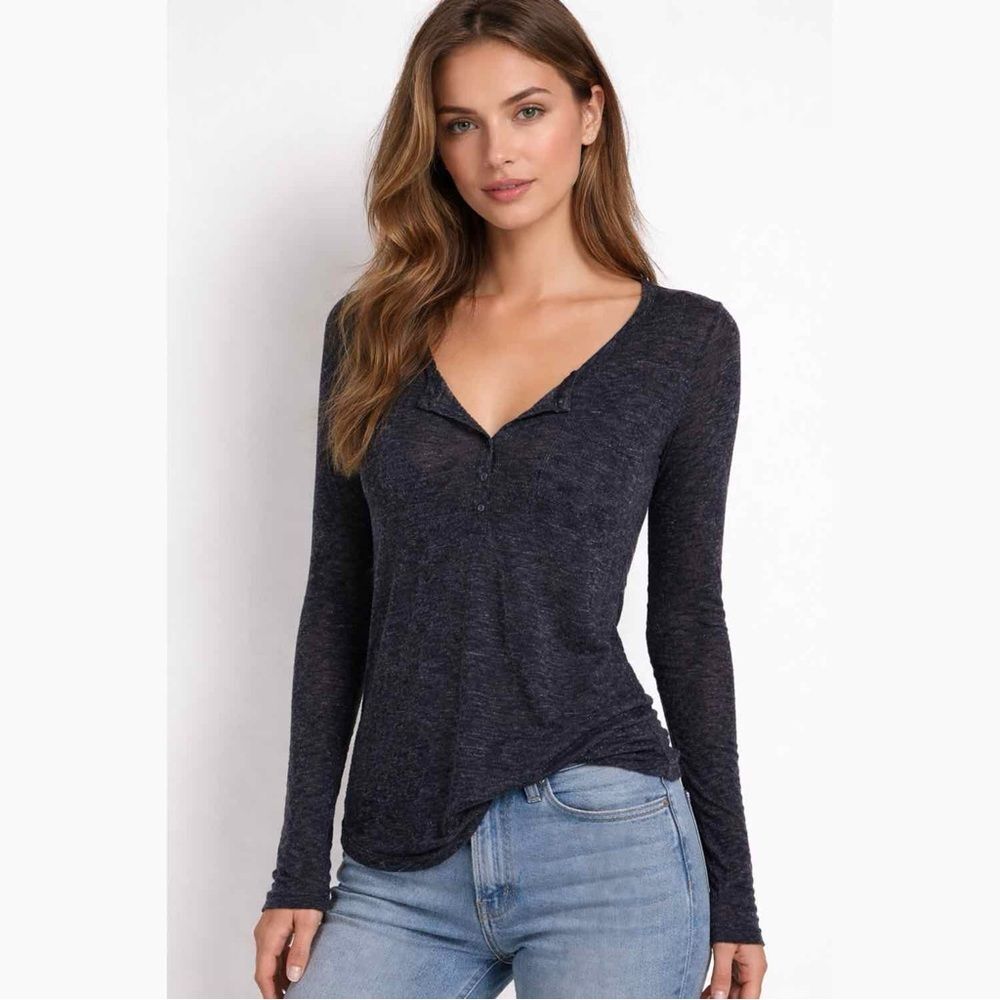 Rails Black Sheer V-Neck Long Sleeve Henley Button Up Top Tee Shirt